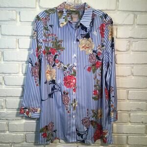 Chico's Blue & White Striped No-Iron Cotton Tunic Blouse Chico’s 2 petite 12/14